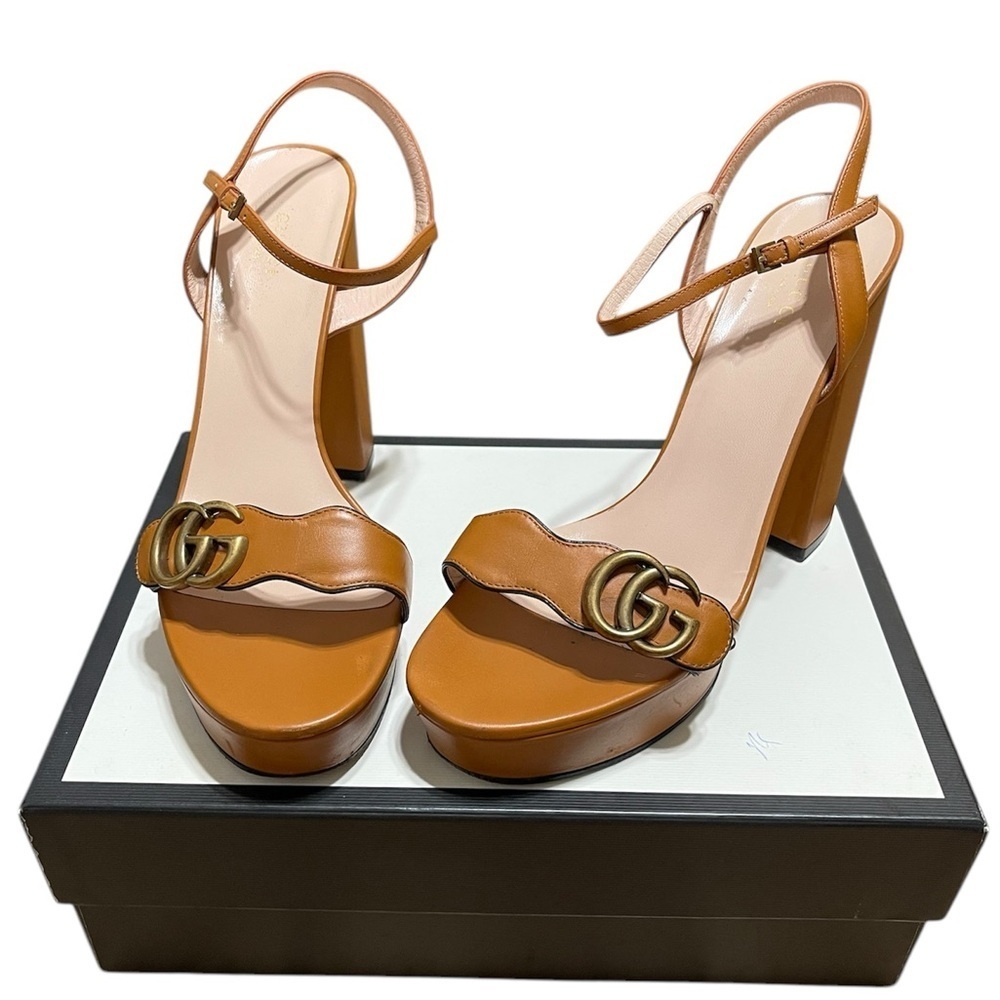 Gucci Calfskin Leather GG Marmont Ankle Strap Block Heel Platform Sandals